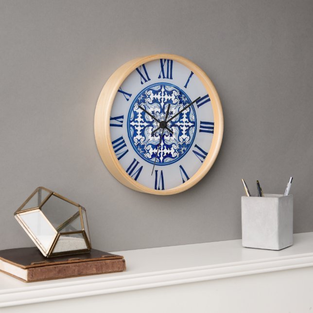 Blue Tiles Portuguese Azulejo Motif Roman Numerals Clock (Office)