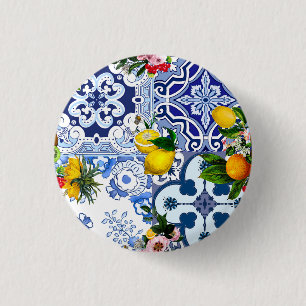 Blue tiles,Sicilian,majolica, mosaic art ,lemon  1 Inch Round Button