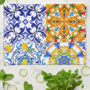 Blue tiles,Sicilian,majolica, mosaic art ,lemon Kitchen Towel