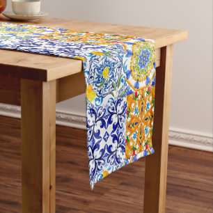 Blue tiles,Sicilian,majolica, mosaic art ,lemon  Medium Table Runner