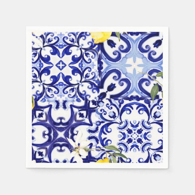 Blue tiles,Sicilian,majolica, mosaic art ,lemon  Napkin (Front)