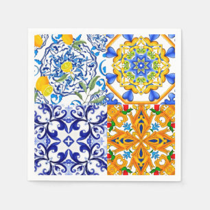 Blue tiles,Sicilian,majolica, mosaic art ,lemon  Napkin