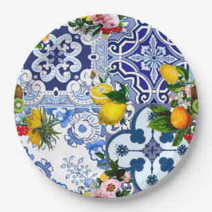 Blue tiles,Sicilian,majolica, mosaic art ,lemon  Paper Plate