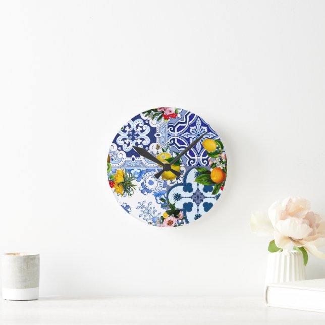 Blue tiles,Sicilian,majolica, mosaic art ,lemon  Round Clock (Home)