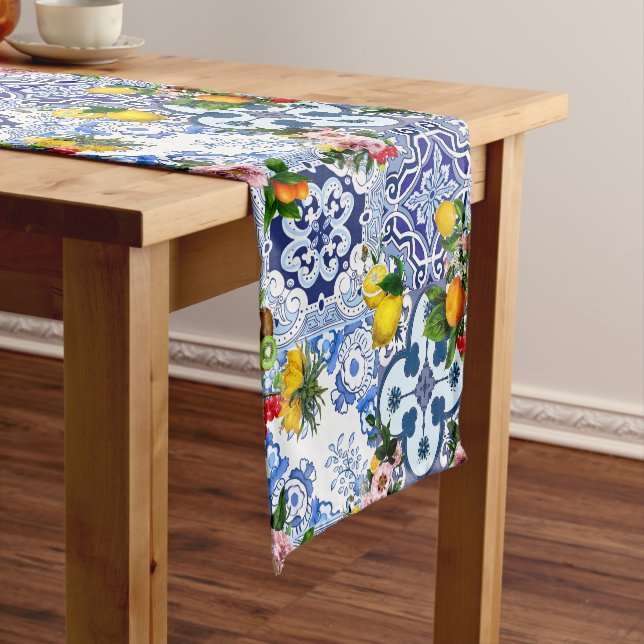Blue tiles,Sicilian,majolica, mosaic art ,lemon  Short Table Runner (In Situ)