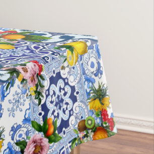 Blue tiles,Sicilian,majolica, mosaic art ,lemon  Tablecloth