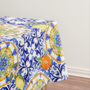 Blue tiles,Sicilian,majolica, mosaic art ,lemon  Tablecloth