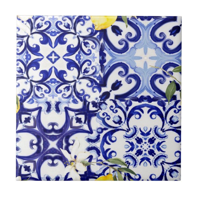 Blue tiles,Sicilian,majolica, mosaic art ,lemon  Tile (Front)