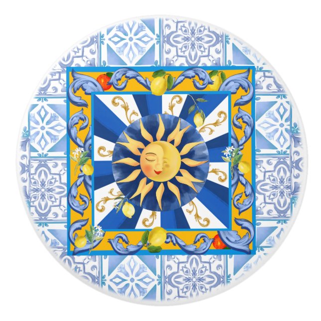 Blue tiles,Sicilian sun,mosaic,majolica,lemon, Ceramic Knob (Front)