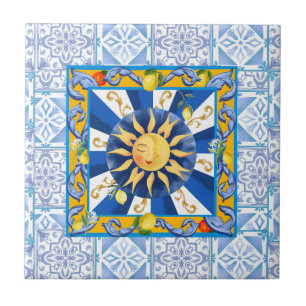 Blue tiles,Sicilian sun,mosaic,majolica,lemon, Tile