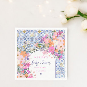 Blue tiles watercolor wildflowers baby shower napkin