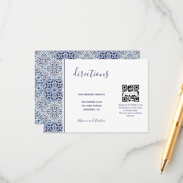 Blue tiles wedding Directions QR code insert card (Front/Back In Situ)