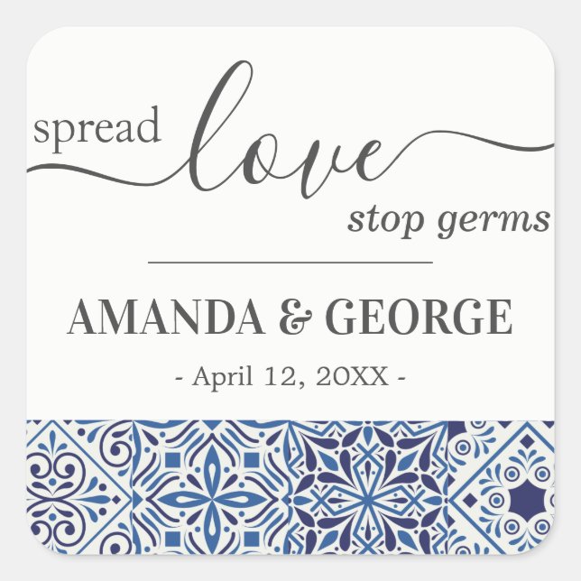 Blue tiles Wedding Favour Sanitizing Square Sticker (Front)