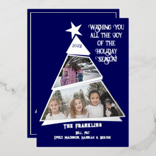 Blue Tilted Tree Fun and Modern Photo  Foil Holiday Card