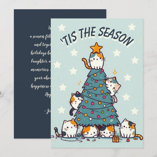 Blue 'Tis the season calico cat Christmas tree Holiday Card (Front/Back)