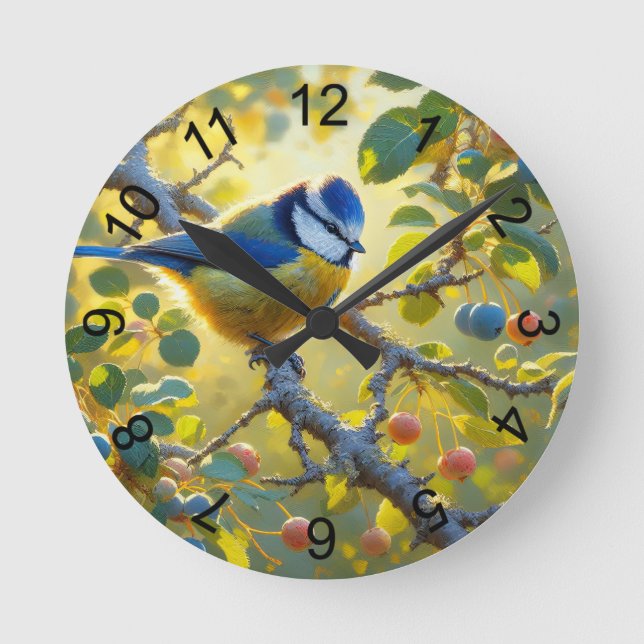 Blue Tit 3 Round Clock (Front)
