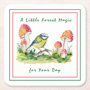 Blue Tit and Fly Agaric Watercolor Square Paper Coaster