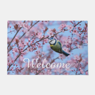 Blue Tit Bird in Pink Japanese Cherry Blossoms Doormat