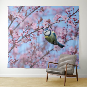 Blue Tit Bird in Pink Japanese Cherry Blossoms Tapestry