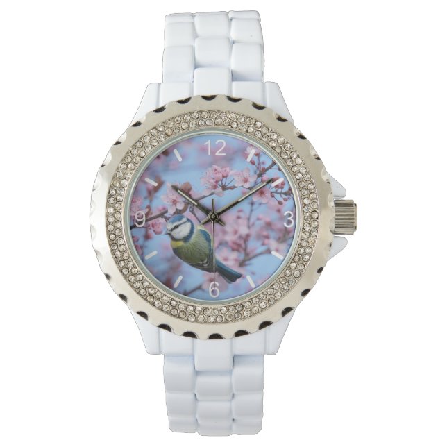 Blue Tit Bird in Pink Japanese Cherry Blossoms - Watch (Front)