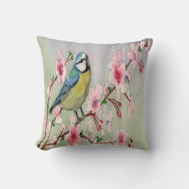 Blue Tit Bird On Cherry Blossom Tree Watercolour Throw Pillow (Front)