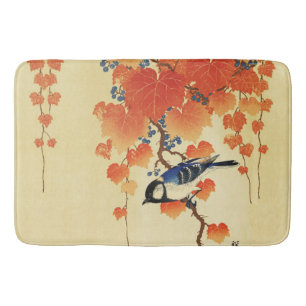 Blue Tit Bird,Paulownia Branch,Red Autumn Leaves  Bath Mat