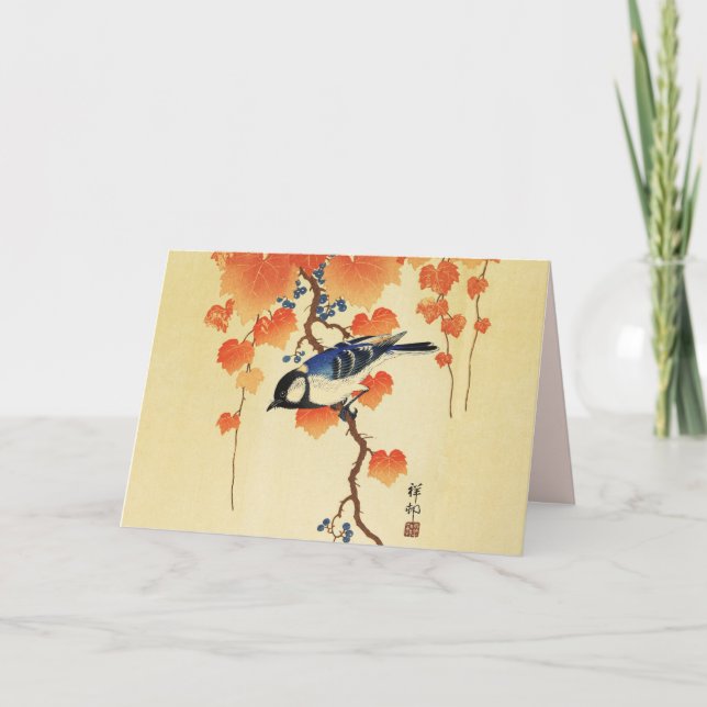 Blue Tit Bird,Paulownia Branch,Red Autumn Leaves  Card (Front)
