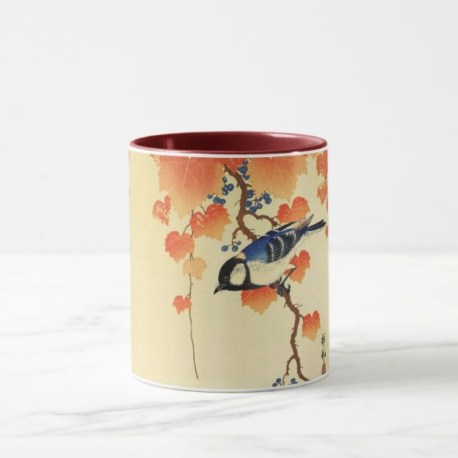 Blue Tit Bird,Paulownia Branch,Red Autumn Leaves  Mug (Center)