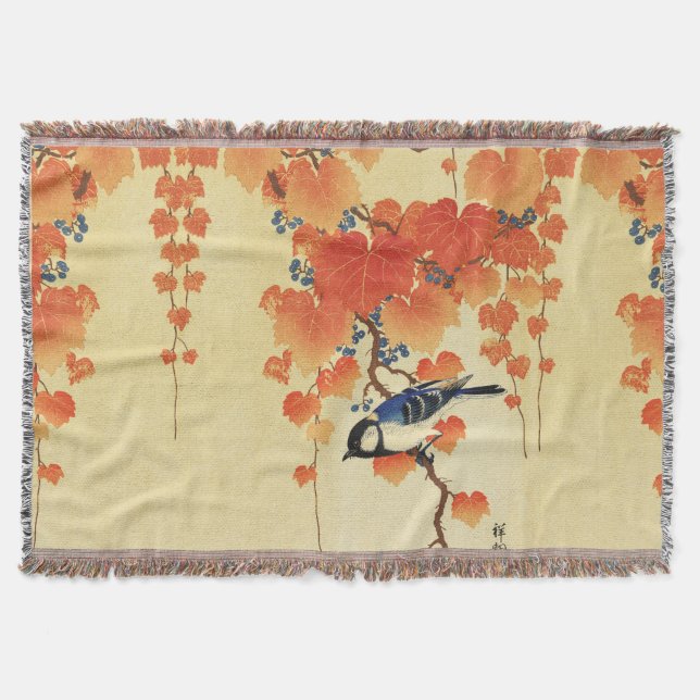 Blue Tit Bird,Paulownia Branch,Red Autumn Leaves  Throw Blanket (Front)