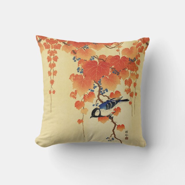 Blue Tit Bird,Paulownia Branch,Red Autumn Leaves  Throw Pillow (Front)