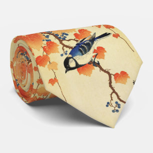 Blue Tit Bird,Paulownia Branch,Red Autumn Leaves  Tie