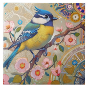 Blue Tit Bird with tuft Pink Floral Spring Flowers Tile