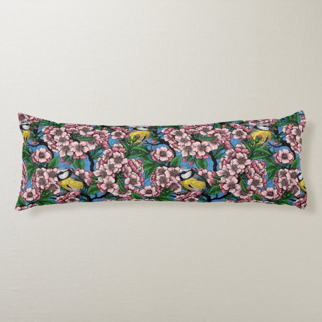 Blue tit birds in the blooming cherry tree on blue body pillow (Front)