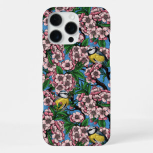Blue tit birds in the blooming cherry tree on blue iPhone 16 pro max case