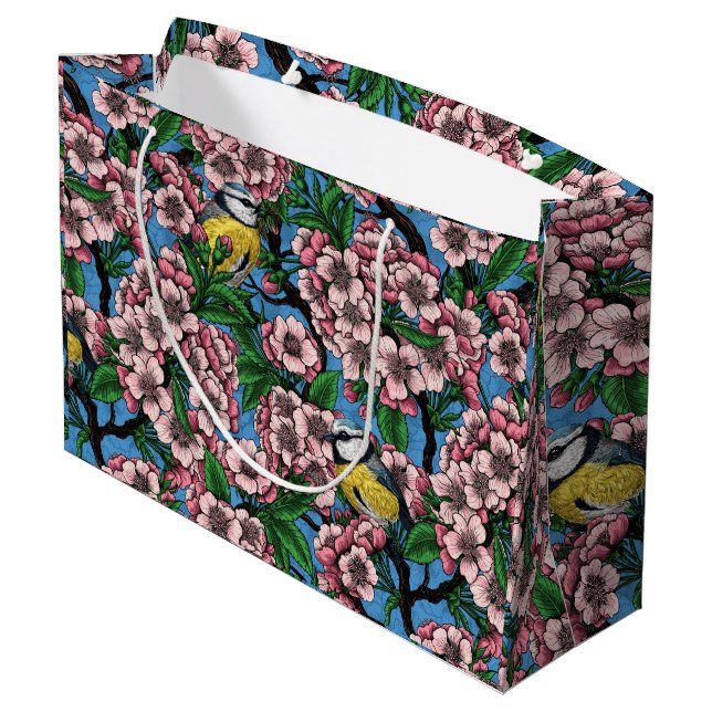 Blue tit birds in the blooming cherry tree on blue large gift bag (Back Angled)