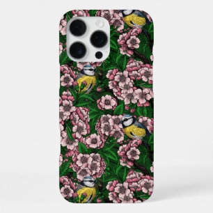 Blue tit birds in the blooming cherry tree on gree iPhone 16 pro max case