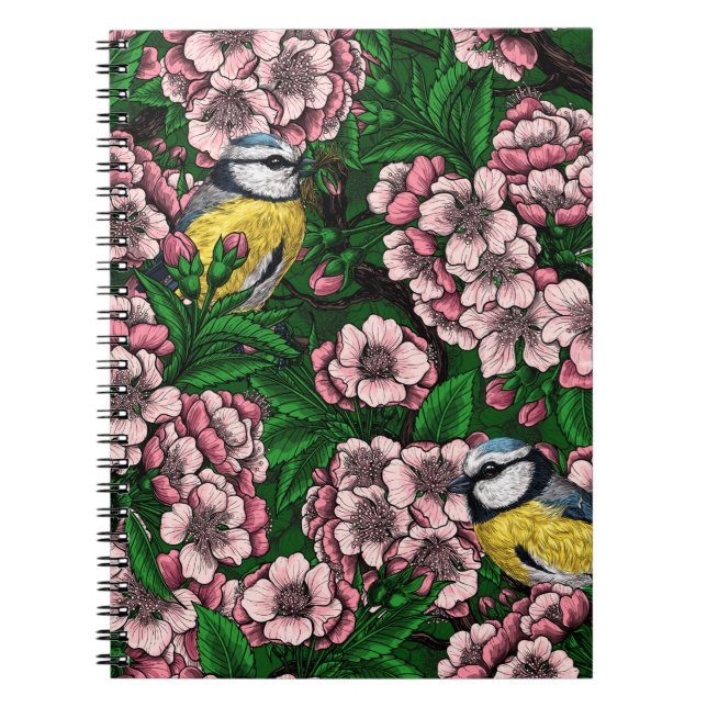 Blue tit birds in the blooming cherry tree on gree notebook (Front)