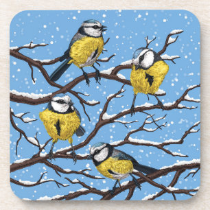 Blue tit birds in winter coaster