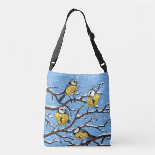 Blue tit birds in winter crossbody bag