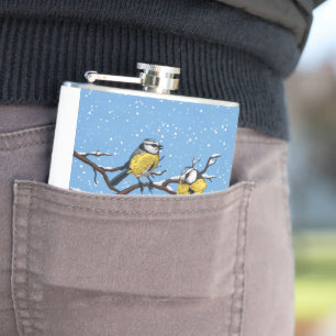 Blue tit birds in winter hip flask
