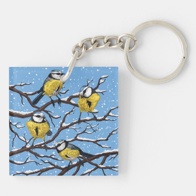 Blue tit birds in winter keychain (Back)