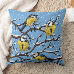 Blue tit birds in winter throw pillow