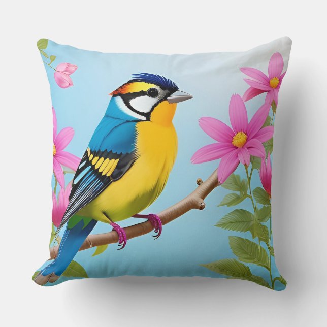 🐦 Blue Tit Botanical Artwork For Spring Spaces 🌼 Throw Pillow (Front)