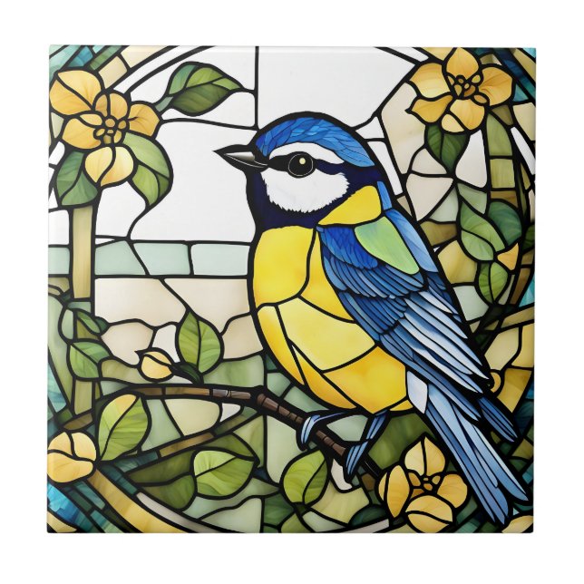 Blue Tit Faux Stained Glass Bluetit Bird Tile (Front)