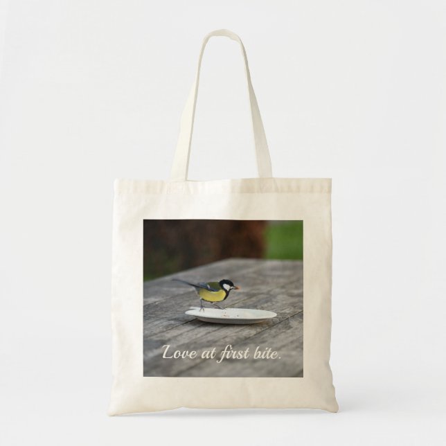 Blue Tit Feeding on Cake Plate Love at First Bite Tote Bag (Front)