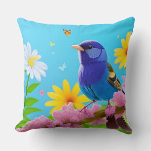 🌿 Blue Tit Floral Artwork For Bird Lovers Gift 🕊 Throw Pillow