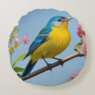 🌼 Blue Tit Garden Artwork For Bird Lovers 💙 Round Pillow