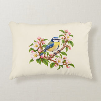 Blue Tit on Blossom Branch Botanical Bird  Accent Pillow