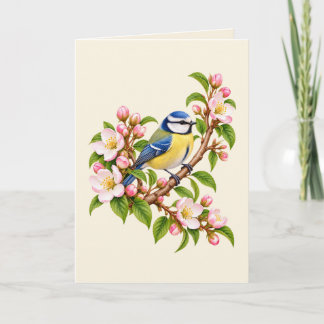 Blue Tit on Blossom Branch Botanical Bird Card