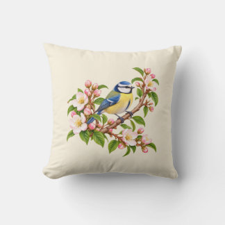 Blue Tit on Blossom Branch Botanical Bird Cushion 